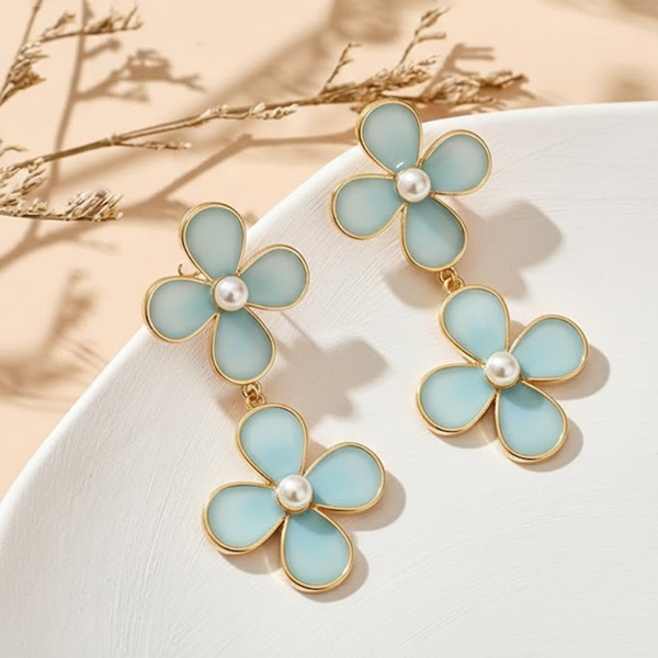 Pendientes Largos Flores y Perlas